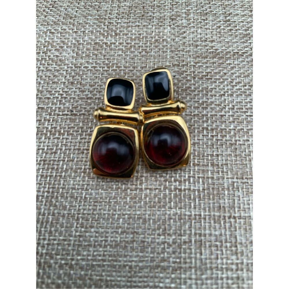 Joan Rivers Vintage Cabochon Stud Earrings Faux Amber Gold Black Enamel Signed